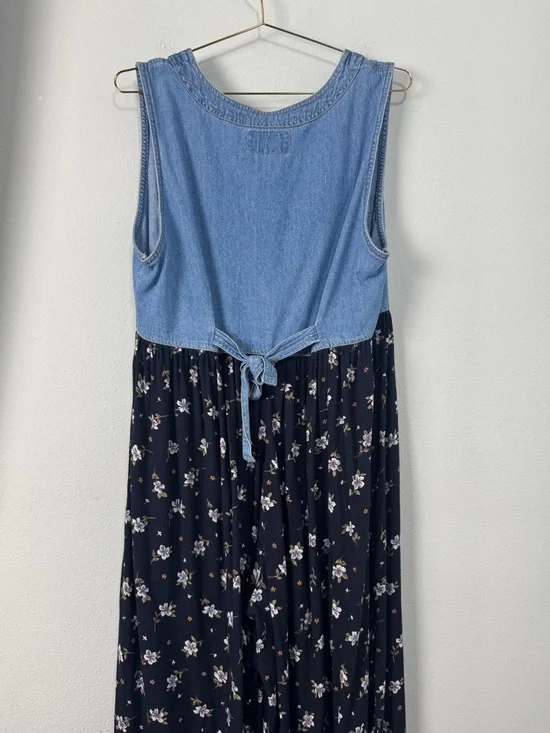 True Blue Vintage Denim Floral Wide Leg Jumpsuit Size L 90s Y2K Boho Cottagecore - Picture 6 of 11
